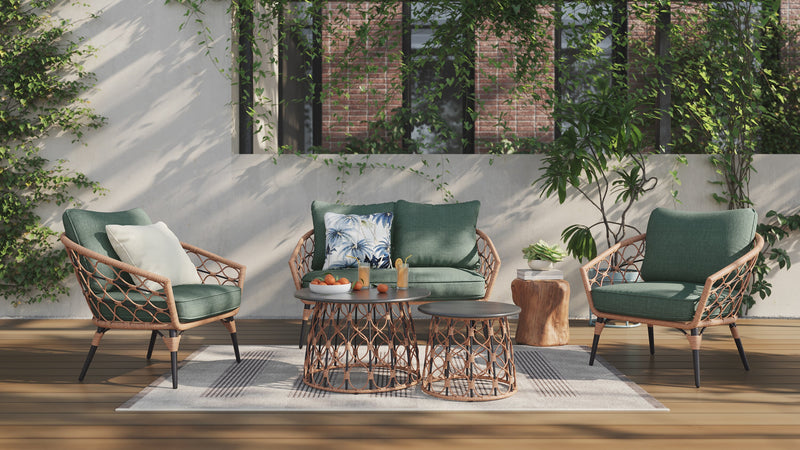 Kort & Co. Panama 5-Piece Outdoor Patio Set with Loveseat, 2 Chairs & Large & Small Tables - Hand-Woven Resin Wicker, UV & Weather Resistant - Natrual/Green