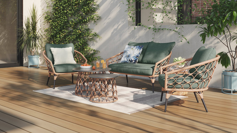 Kort & Co. Panama 5-Piece Outdoor Patio Set with Loveseat, 2 Chairs & Large & Small Tables - Hand-Woven Resin Wicker, UV & Weather Resistant - Natrual/Green