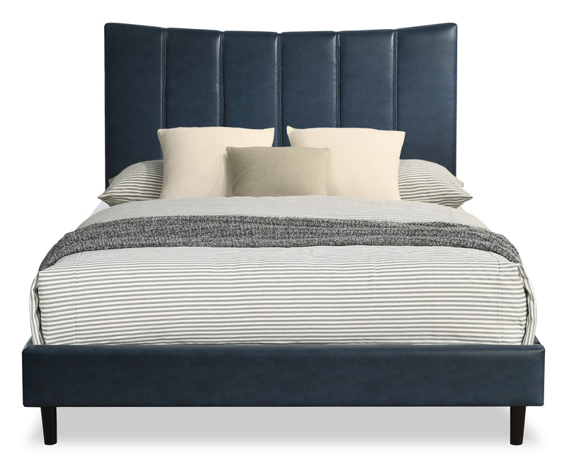 Paseo Platform Bed in Navy Vegan-Leather Fabric - Queen Size 