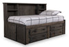 Piper Storage Bed with Bookcase Headboard for Kids, Solid Pine, Driftwood Grey - Full Size