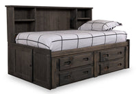 Piper Storage Bed with Bookcase Headboard for Kids, Solid Pine, Driftwood Grey - Full Size 