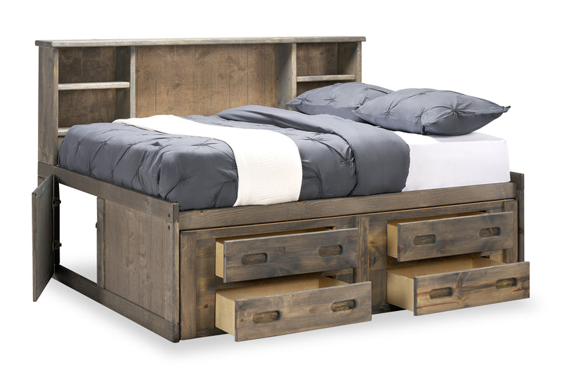 Piper Storage Bed with Bookcase Headboard for Kids, Solid Pine, Driftwood Grey - Full Size