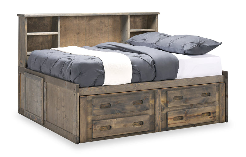 Piper Storage Bed with Bookcase Headboard for Kids, Solid Pine, Driftwood Grey - Full Size
