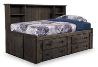 Piper Storage Bed with Bookcase Headboard for Kids, Solid Pine, Driftwood Grey - Full Size 