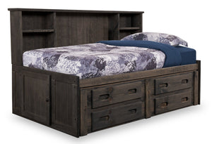 Piper Storage Bed with Bookcase Headboard for Kids, Solid Pine, Driftwood Grey - Full Size