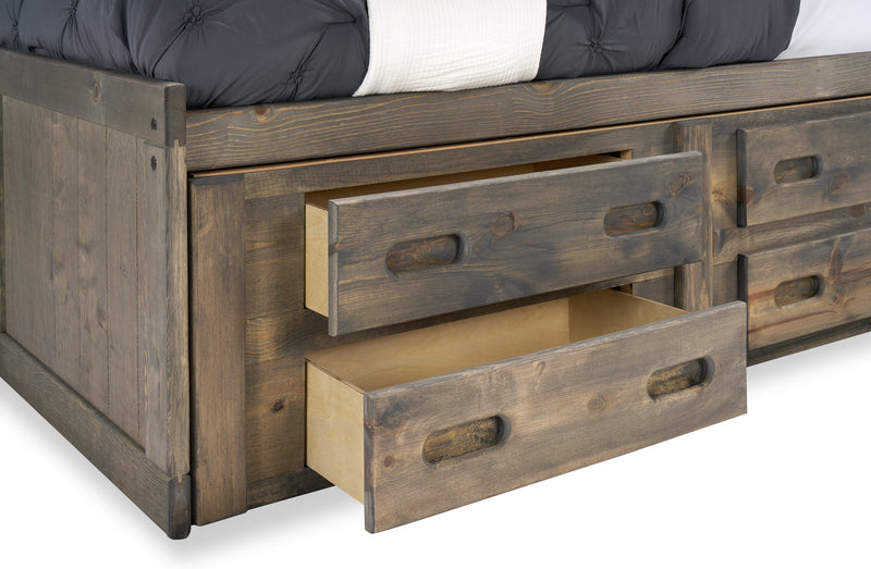 Piper Storage Bed with Bookcase Headboard for Kids, Solid Pine, Driftwood Grey - Full Size