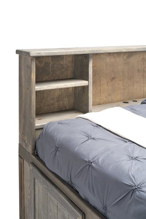 Piper Storage Bed with Bookcase Headboard for Kids, Solid Pine, Driftwood Grey - Full Size