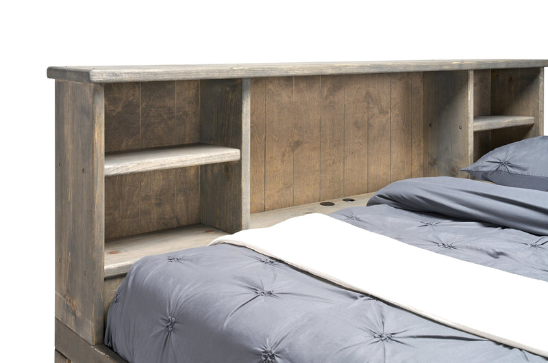 Piper Storage Bed with Bookcase Headboard for Kids, Solid Pine, Driftwood Grey - Full Size