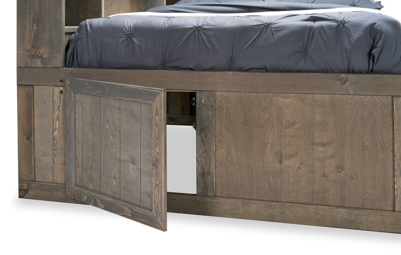 Piper Storage Bed with Bookcase Headboard for Kids, Solid Pine, Driftwood Grey - Full Size