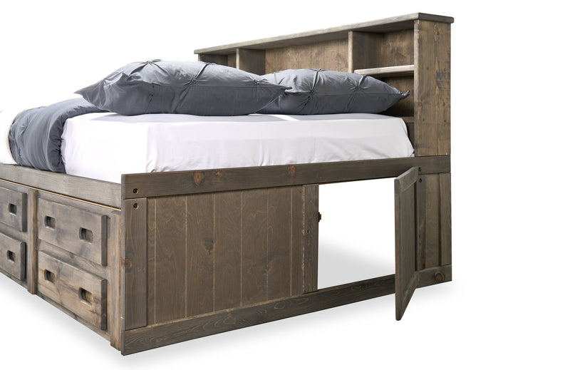 Piper Storage Bed with Bookcase Headboard for Kids, Solid Pine, Driftwood Grey - Full Size