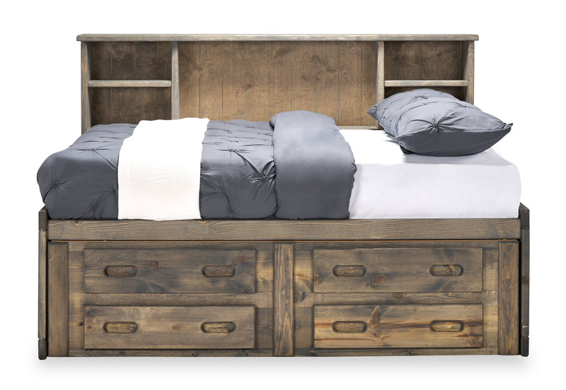 Piper Storage Bed with Bookcase Headboard for Kids, Solid Pine, Driftwood Grey - Full Size
