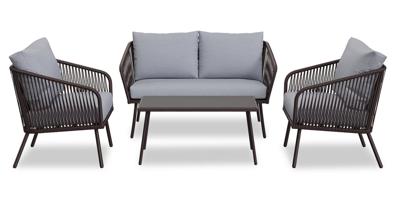 Porto 4-Piece Outdoor Patio Conversation Set with Loveseat, 2 Chairs & Coffee Table - Rope-like Wicker & Metal, UV & Weather Resistant - Black/Grey