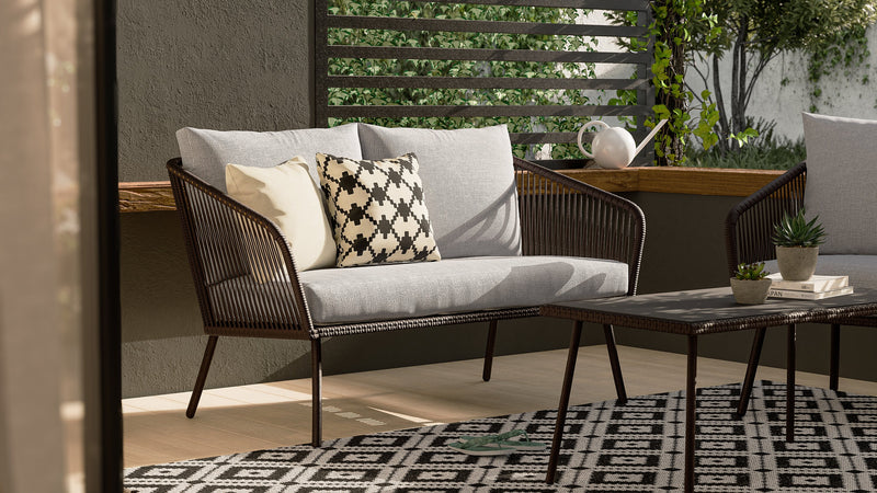 Porto 4-Piece Outdoor Patio Conversation Set with Loveseat, 2 Chairs & Coffee Table - Rope-like Wicker & Metal, UV & Weather Resistant - Black/Grey