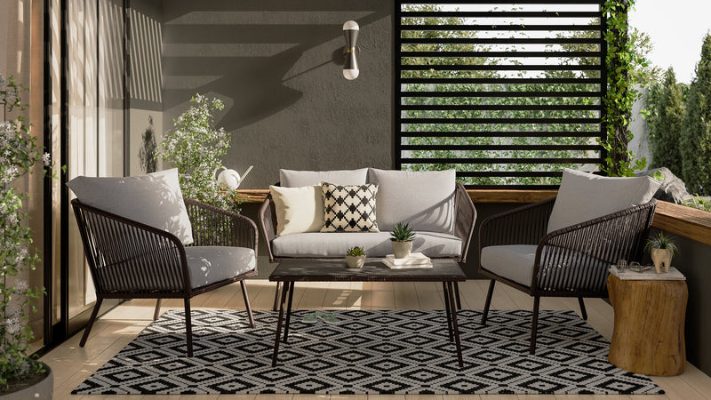 Porto 4-Piece Outdoor Patio Conversation Set with Loveseat, 2 Chairs & Coffee Table - Rope-like Wicker & Metal, UV & Weather Resistant - Black/Grey