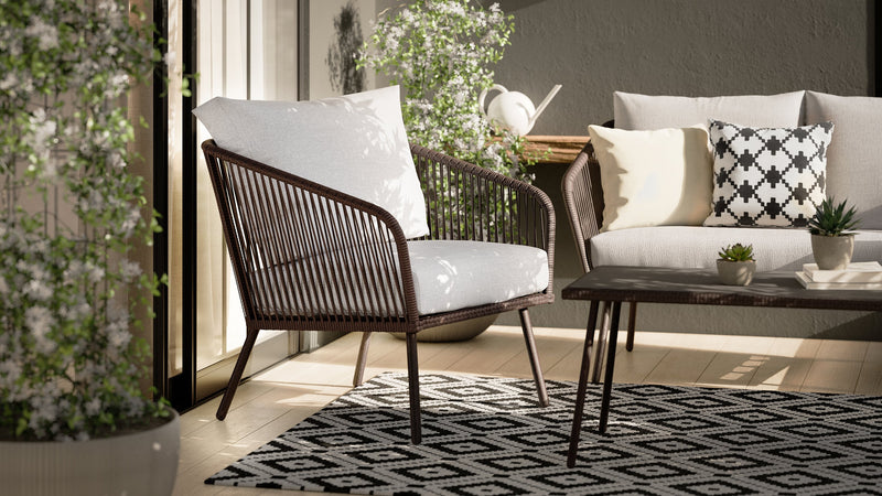 Porto 4-Piece Outdoor Patio Conversation Set with Loveseat, 2 Chairs & Coffee Table - Rope-like Wicker & Metal, UV & Weather Resistant - Black/Grey