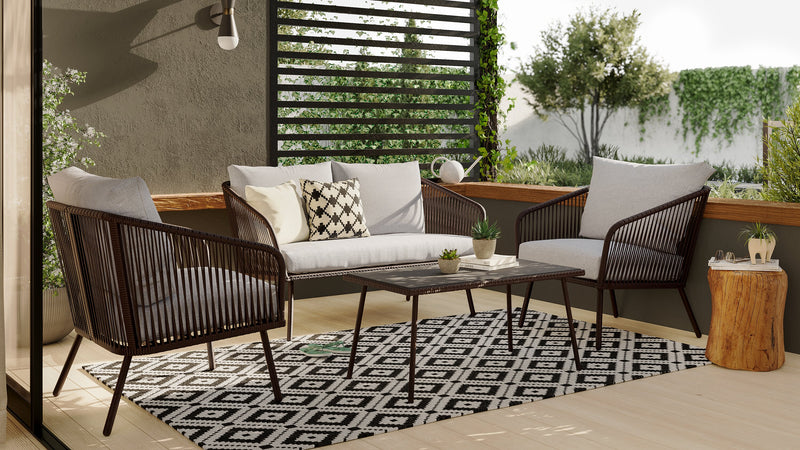 Porto 4-Piece Outdoor Patio Conversation Set with Loveseat, 2 Chairs & Coffee Table - Rope-like Wicker & Metal, UV & Weather Resistant - Black/Grey