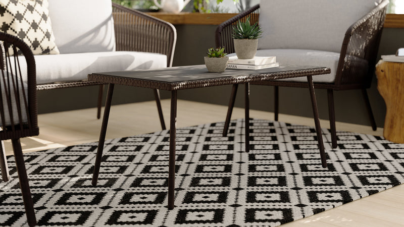 Porto 4-Piece Outdoor Patio Conversation Set with Loveseat, 2 Chairs & Coffee Table - Rope-like Wicker & Metal, UV & Weather Resistant - Black/Grey