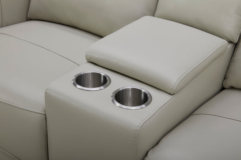 Reign 78\" Top-Grain Genuine Leather Power Reclining Loveseat with Console - Deltona Moonshine Taupe