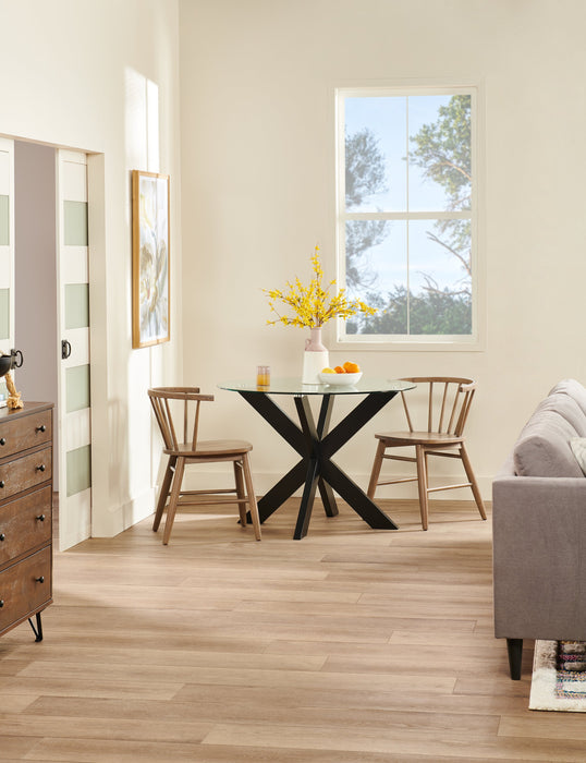 Remi Dining Table with Glass Top & Wood Geometric Base, 42\"W Round - Black