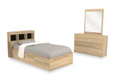 Riley Mates Bed 5pc Set with Bookcase Headboard, Dresser & Mirror, Natural - Twin Size | Ensemble lit matelot Riley 5 pièces avec tête de lit bibliothèque, commode et miroir, naturel - format lit simple