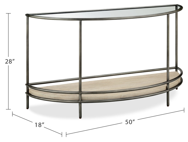 Saxon 50\" Modern Demilune Sofa Table with Shelf - Natural and Vintage Nickel