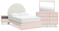 Lola 6pc Bedroom Set with Panel Bed, Dresser, Mirror & Nightstand, Boucle Fabric/Blush - Full Size 