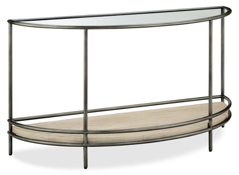 Saxon 50\" Modern Demilune Sofa Table with Shelf - Natural and Vintage Nickel