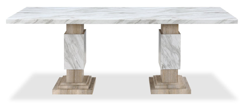 Vega 7pc Dining Set with Table & 6 Chairs, Marble Look, Pedestal Base, 82\"W - Natural & White