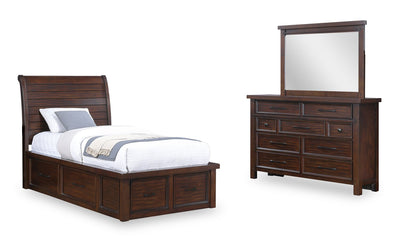 Sonoma 5pc Bedroom Set with Storage Bed, Dresser & Mirror, Mango Brown - Twin Size | Ensemble de chambre à coucher Sonoma 5 pièces avec lit de rangement, commode et miroir, brun manguier - format lit simple