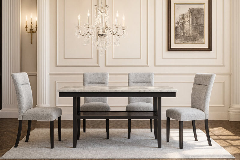 Libra Dining Table with Marble-Look Top & Storage Shelf, 60\"W- Black/Grey