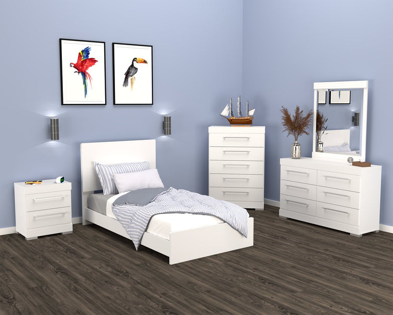 Riley 5pc Bedroom Set with Panel Bed, Dresser & Mirror, Made in Canada, White - Twin Size