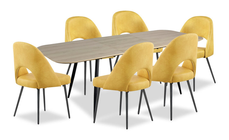 Joss 7pc Dining Set with Table & 6 Bay Chairs, 63-86.5\"W Butterfly Extension, Metal – Mustard