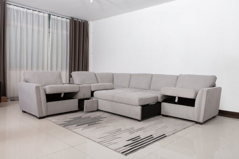 Vault 6-Piece Sectional with Sofa Bed Loveseat and Three Storage Chairs - Grey