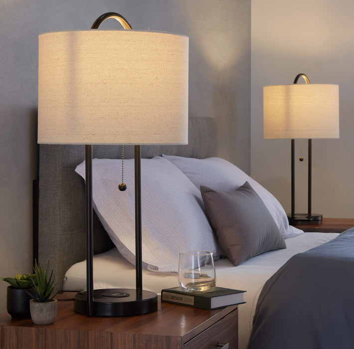 Orbit 28\" Metal Table Lamp with Wireless Charging and Natural Linen Shade – Oil Bronze