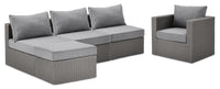 Morris 5-Piece Outdoor Patio Set with 3 Armless Chairs, Ottoman & Chair - Hand-Woven Resin Wicker, Olefin Fabric, UV & Weather Resistant - Grey 
