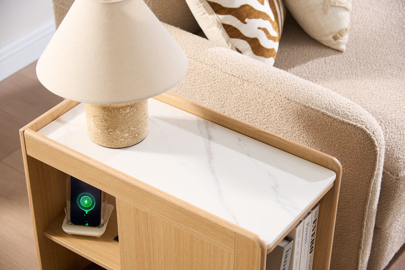 Liam 23.5\" Accent Table with Sintered Stone Top and Drawer– Harvest Oak 