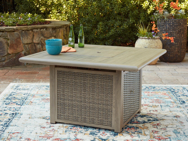Muskoka 5-Piece Outdoor Patio Set with Fire Pit Table & 4 Chairs - 50,000 BTU, Resin Wicker - Beige