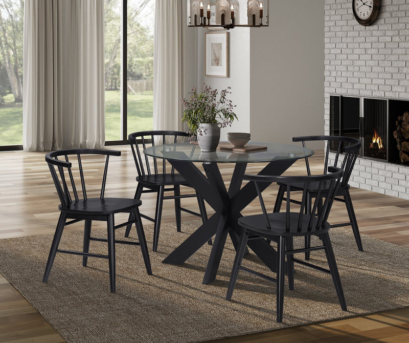Remi 5pc Dining Set with Table & 4 Spindle-Back Chairs, Glass & Wood, 42\"W Round - Black