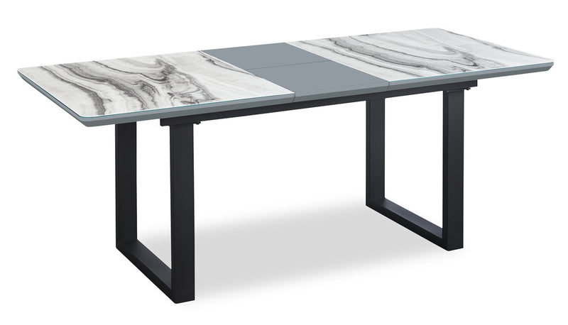 Ezra 7pc Dining Package with 63-79\"W Extension Table & 6 Chairs - Faux White Marble & Grey