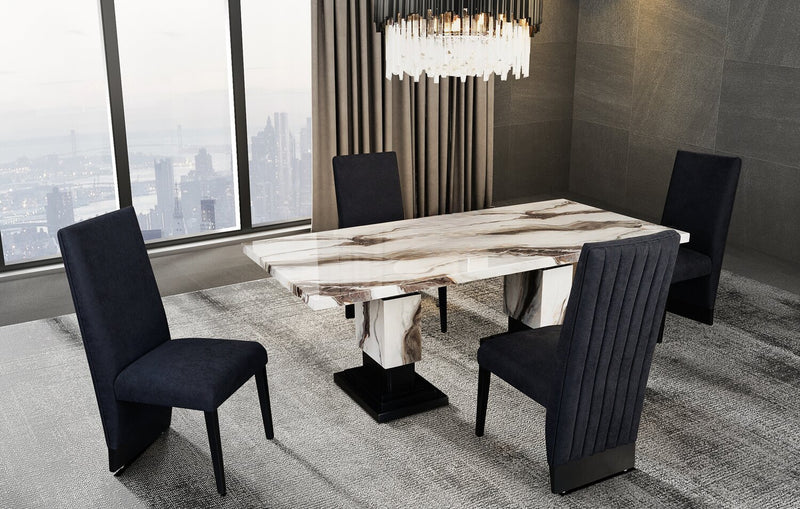 Vega 5pc Dining Set with Table & 4 Chairs, Marble Look, Pedestal Base, 82\"W - Black & White