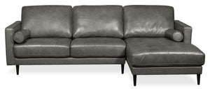 Edge 2-Piece Right-Facing Genuine Leather Sectional with Wood Legs and Removable Back Cushions - Grey