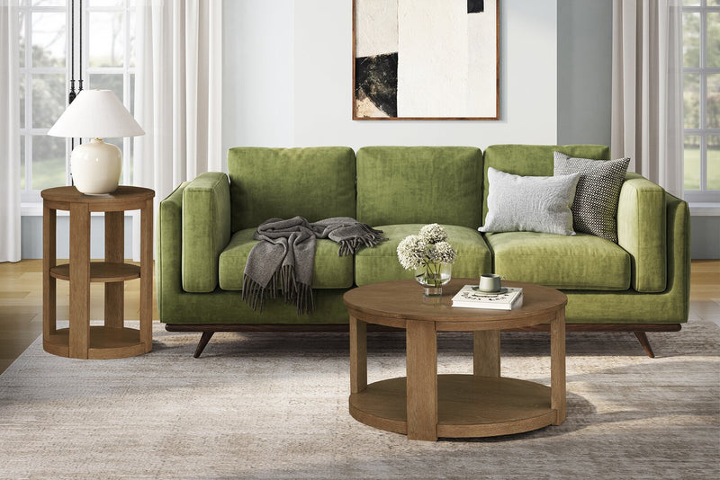 Declan 31.5\" Modern Round Coffee Table with Casters – Natural Wood 