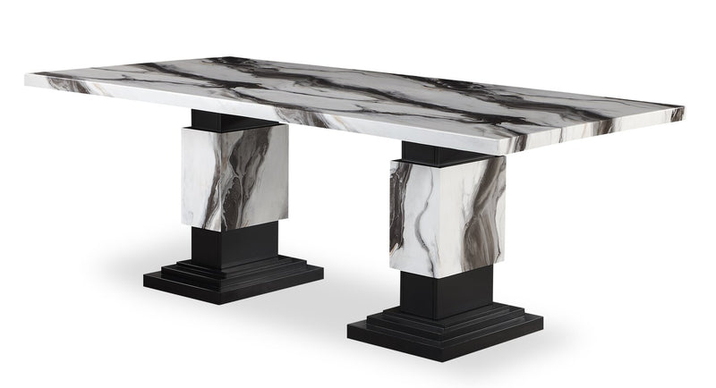 Vega 5pc Dining Set with Table & 4 Chairs, Marble Look, Pedestal Base, 82\"W - Black & White