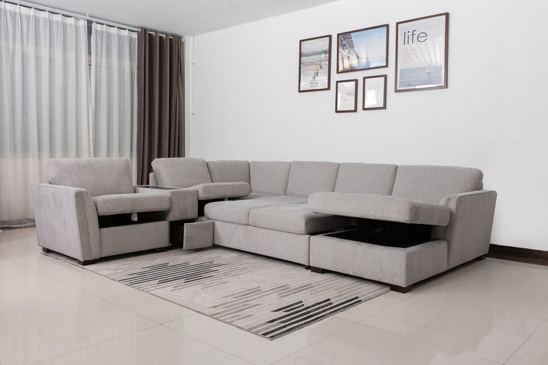 Vault 6-Piece Right-Facing Sectional with Sofa Bed Loveseat, Three Storage Chairs and Storage Chaise - Grey