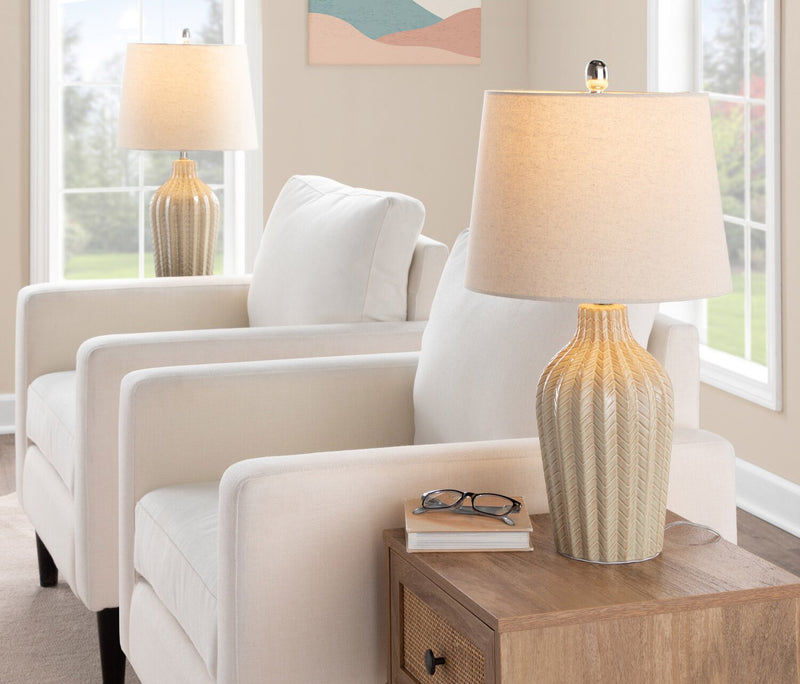 Willa 23\" Ceramic Table Lamp with Polished Nickel and Natural Linen Shade - Cuban Sand 