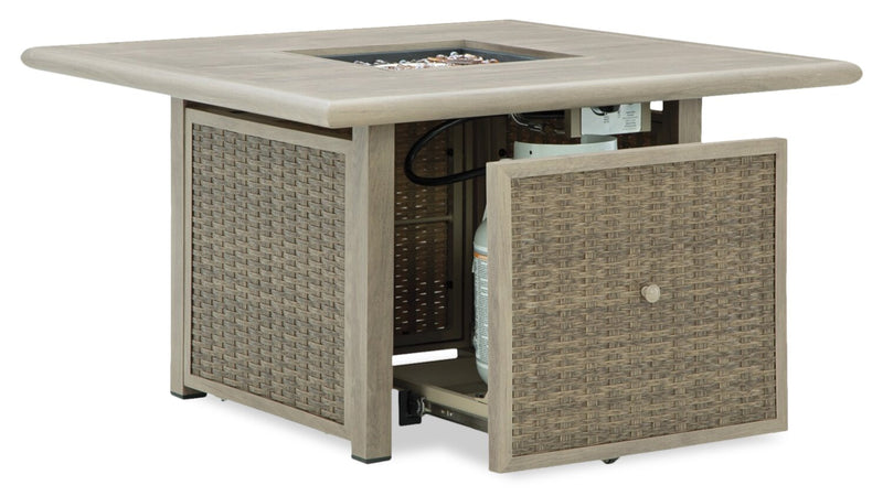 Muskoka 5-Piece Outdoor Patio Set with Fire Pit Table & 4 Chairs - 50,000 BTU, Resin Wicker - Beige
