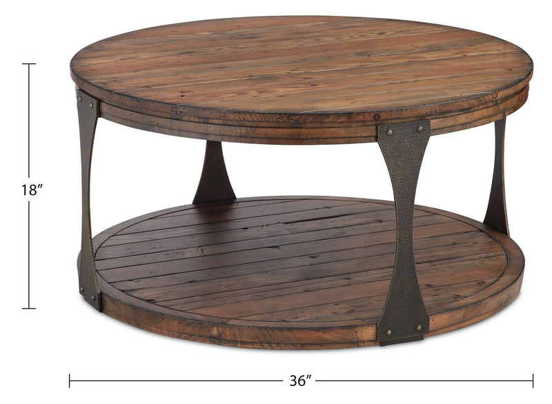 Albany 36” Industrial Round Pine Coffee Table with Shelf and Casters - Bourbon