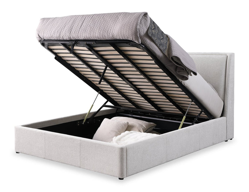 Nico Upholstered Storage Platform Bed in Polyester Taupe Fabric, Hyrdraulic Lift  - Queen Size
