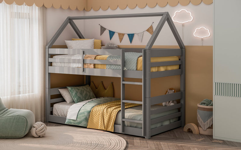 Gemma Twin Over Twin House Bunk Bed with Roof, Built-in Ladder & Guardrails for Kids - Grey