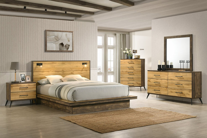 Silas 6pc Bedroom Set with Platform Bed, Dresser, Mirror & Nightstand, LED, Rustic Brown - Queen Size